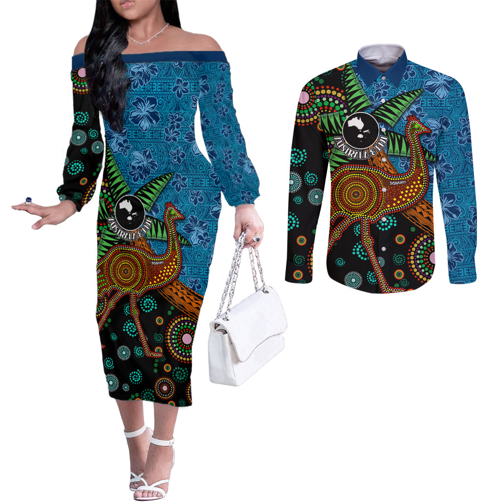 Fiji and Australia Couples Matching Off The Shoulder Long Sleeve Dress and Long Sleeve Button Shirt Palm Tree and Abogirinal Emu