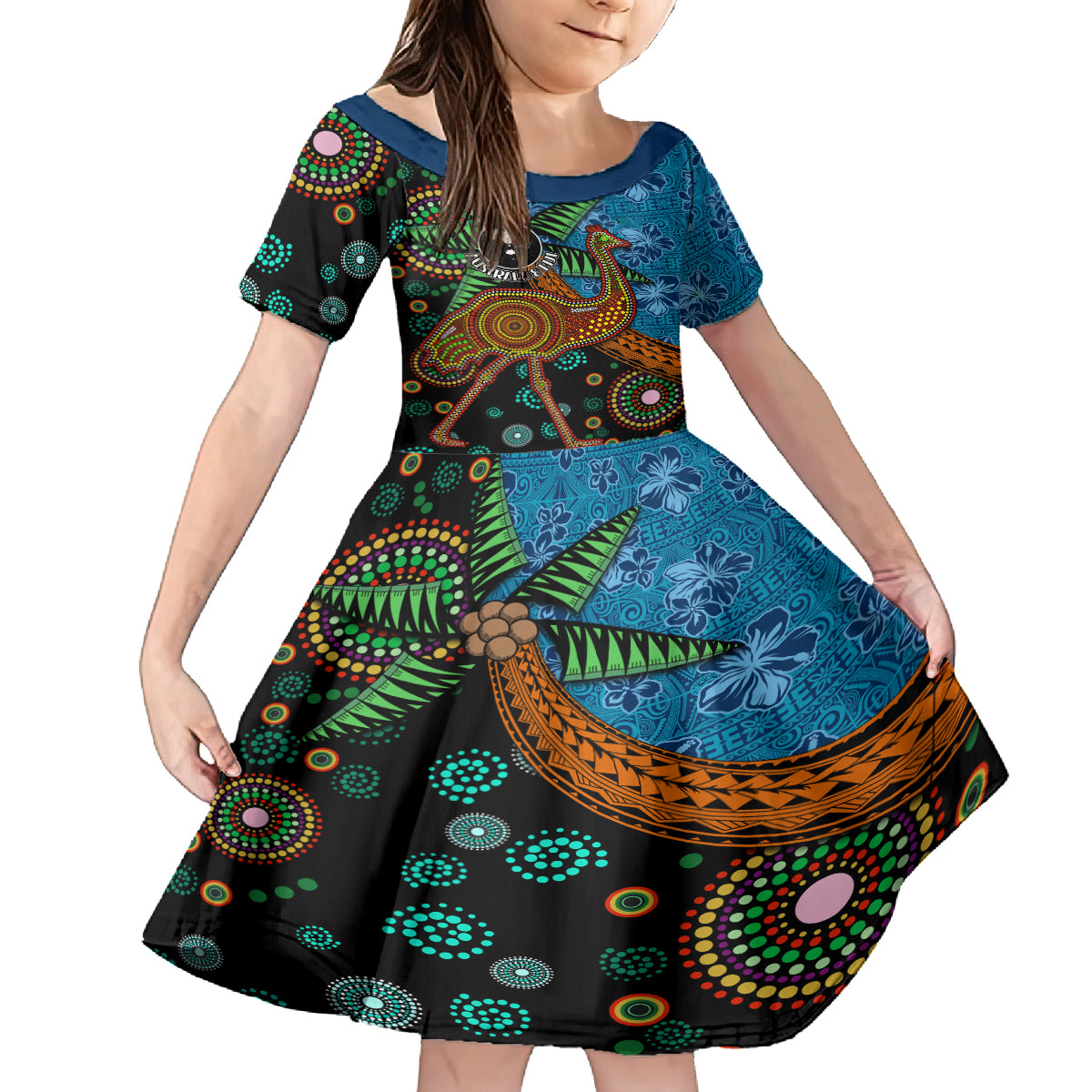 Fiji and Australia Kid Short Sleeve Dress Palm Tree and Abogirinal Emu