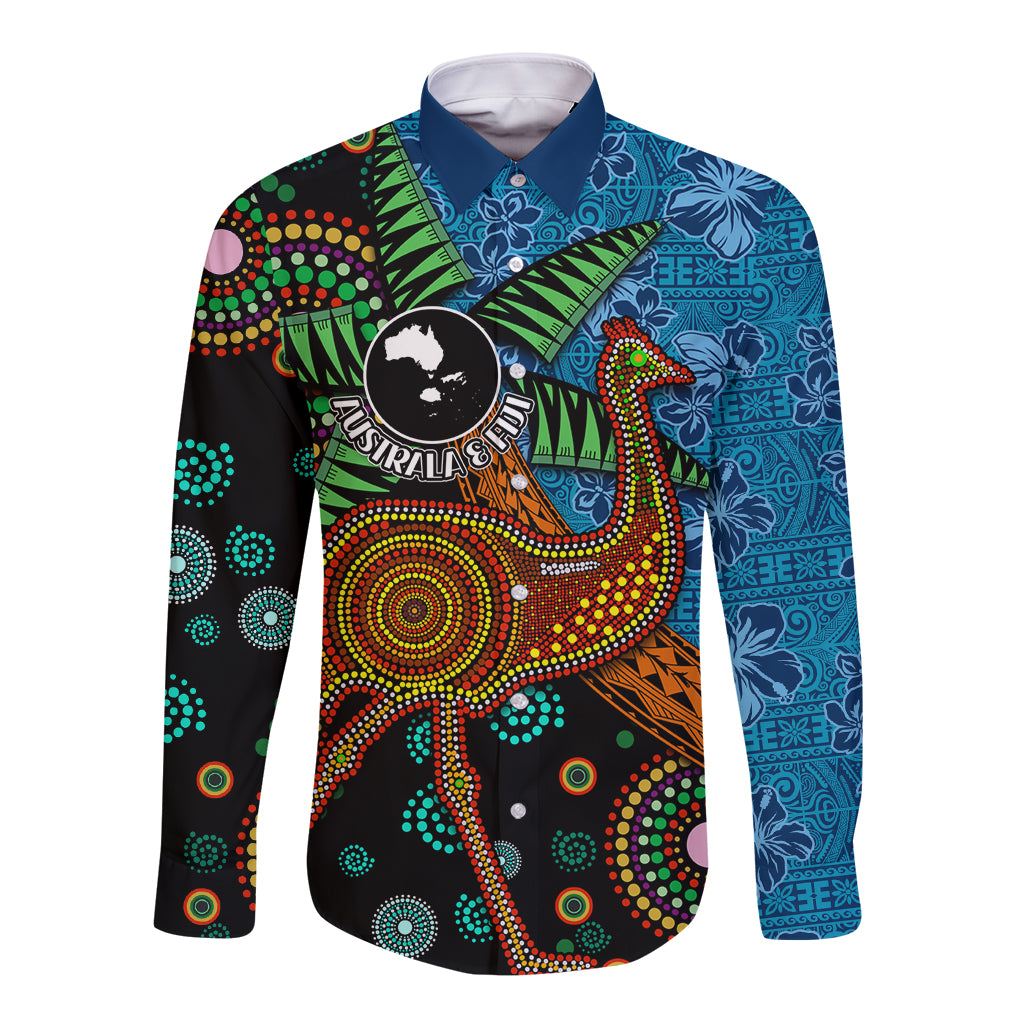 Fiji and Australia Long Sleeve Button Shirt Palm Tree and Abogirinal Emu
