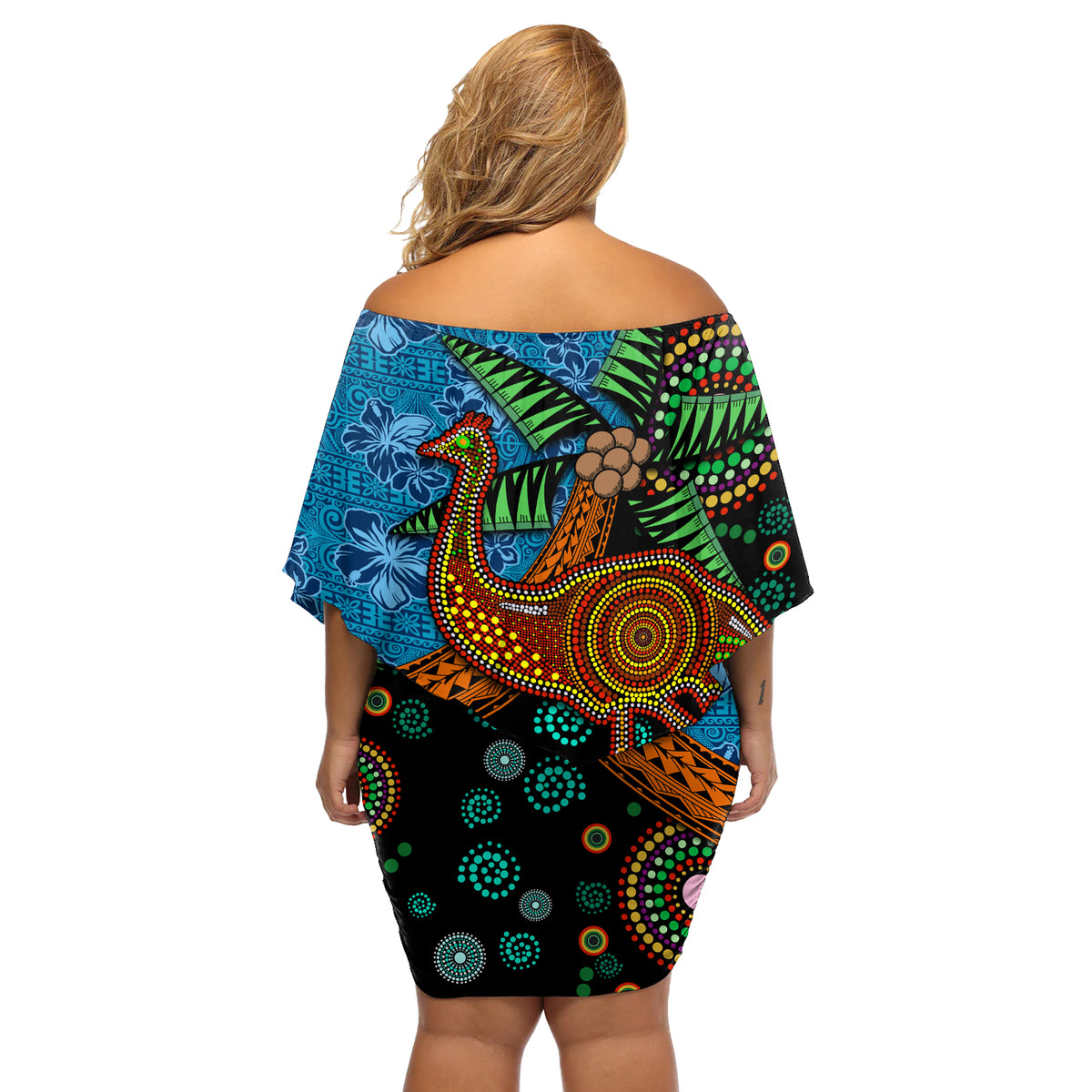Fiji and Australia Off Shoulder Short Dress Palm Tree and Abogirinal Emu