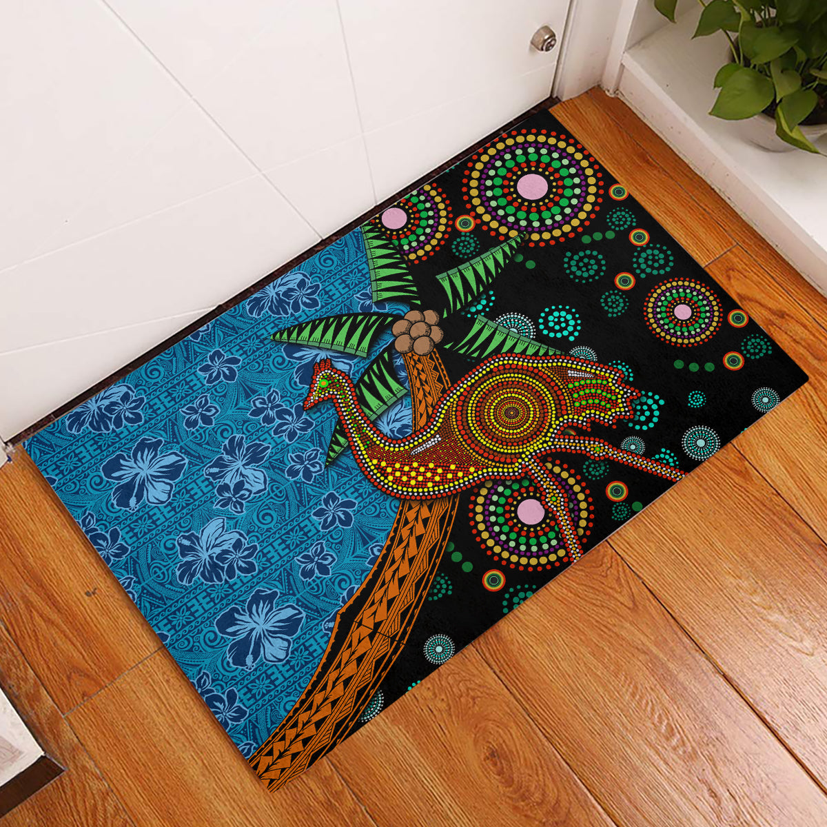 Fiji and Australia Rubber Doormat Palm Tree and Abogirinal Emu