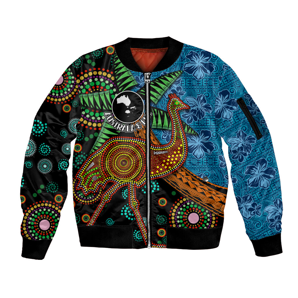 Fiji and Australia Sleeve Zip Bomber Jacket Palm Tree and Abogirinal Emu