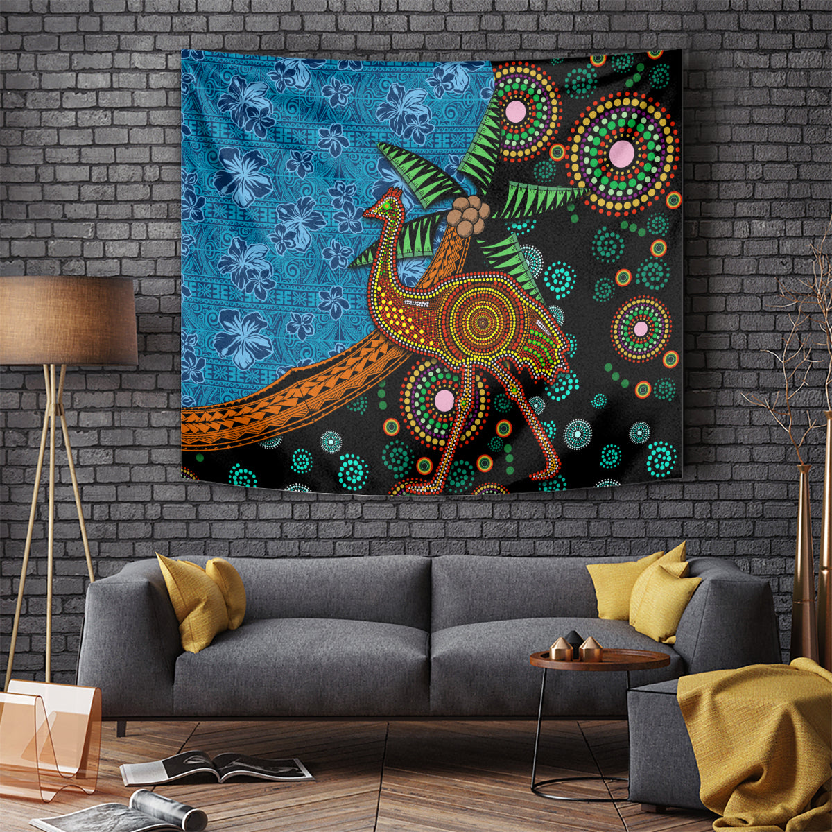 Fiji and Australia Tapestry Palm Tree and Abogirinal Emu