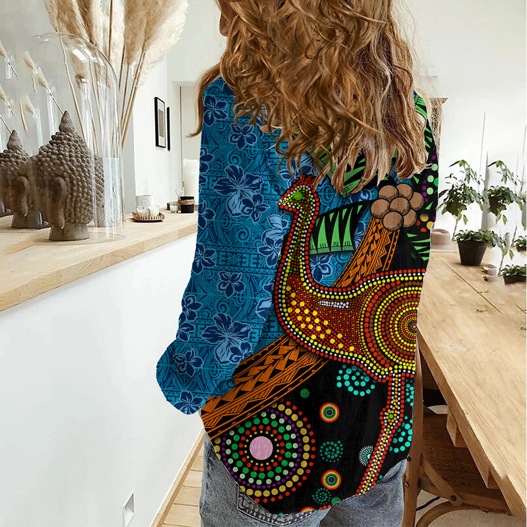 Fiji and Australia Women Casual Shirt Palm Tree and Abogirinal Emu