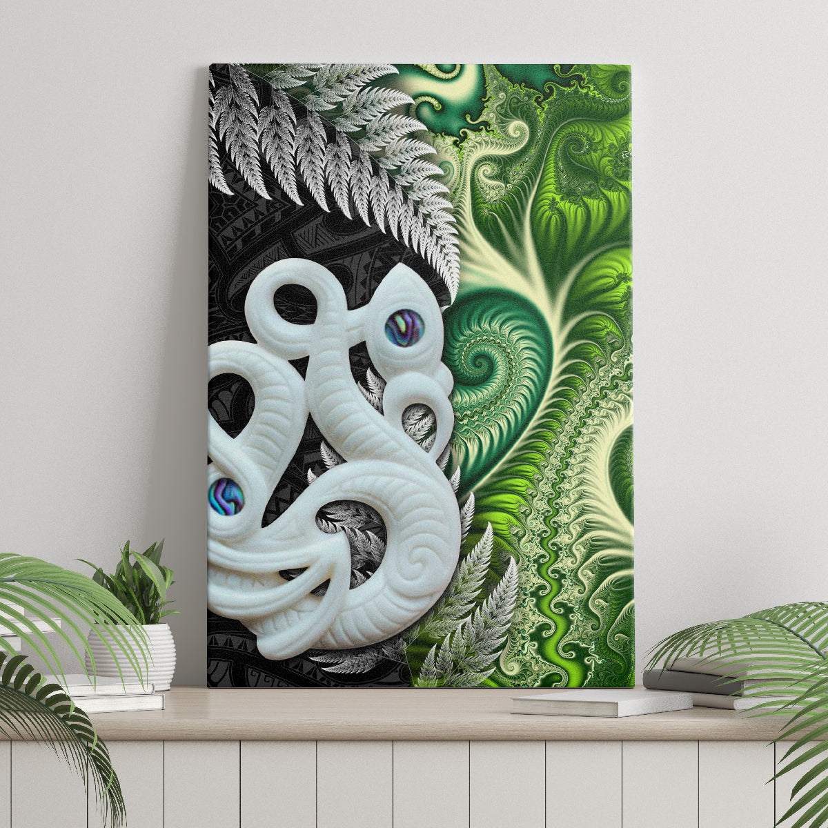 New Zealand Koru Natural Canvas Wall Art Manaia and Silver Fern Maori Pattern