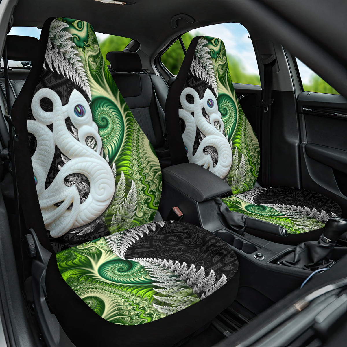 New Zealand Koru Natural Car Seat Cover Manaia and Silver Fern Maori Pattern