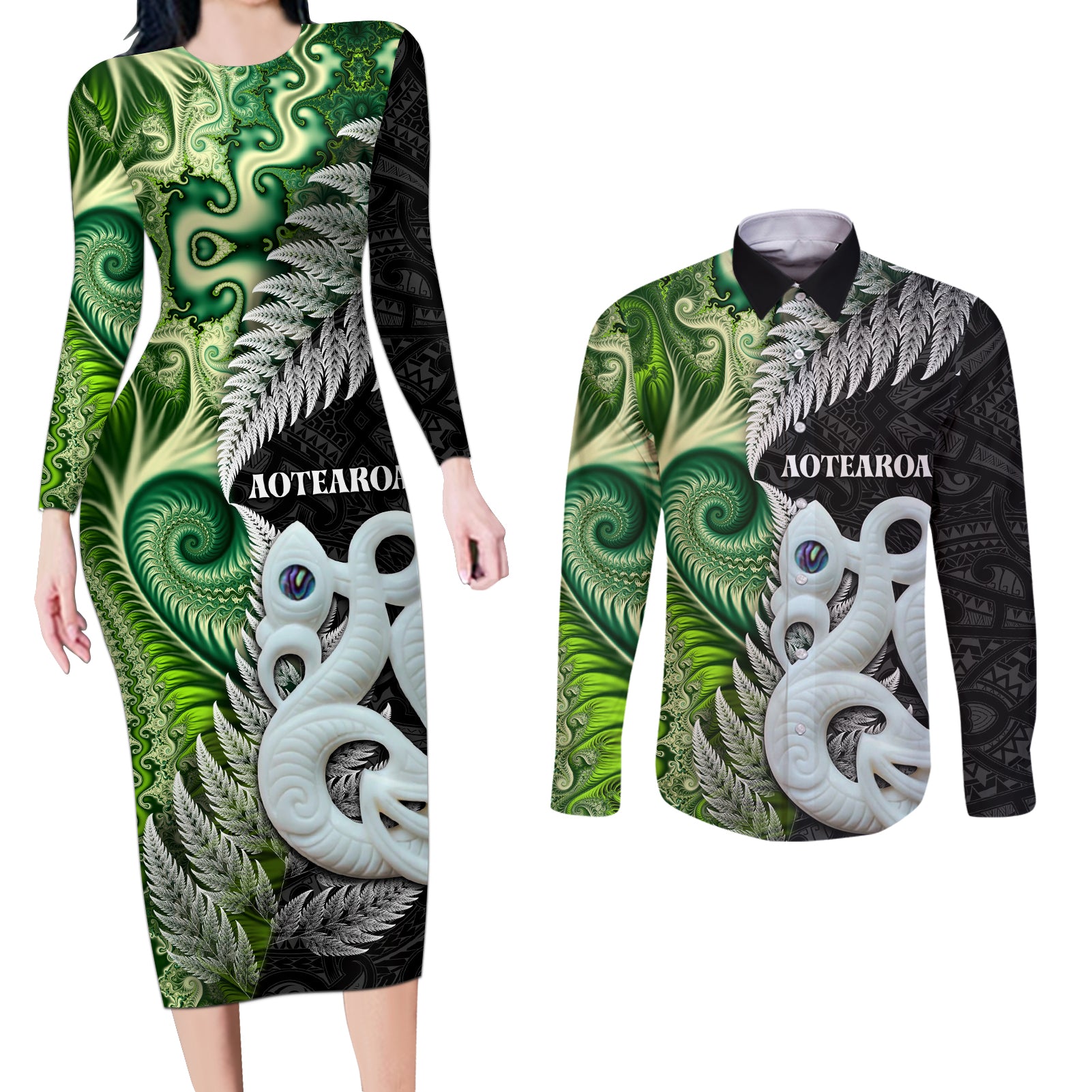 New Zealand Koru Natural Couples Matching Long Sleeve Bodycon Dress and Long Sleeve Button Shirt Manaia and Silver Fern Maori Pattern
