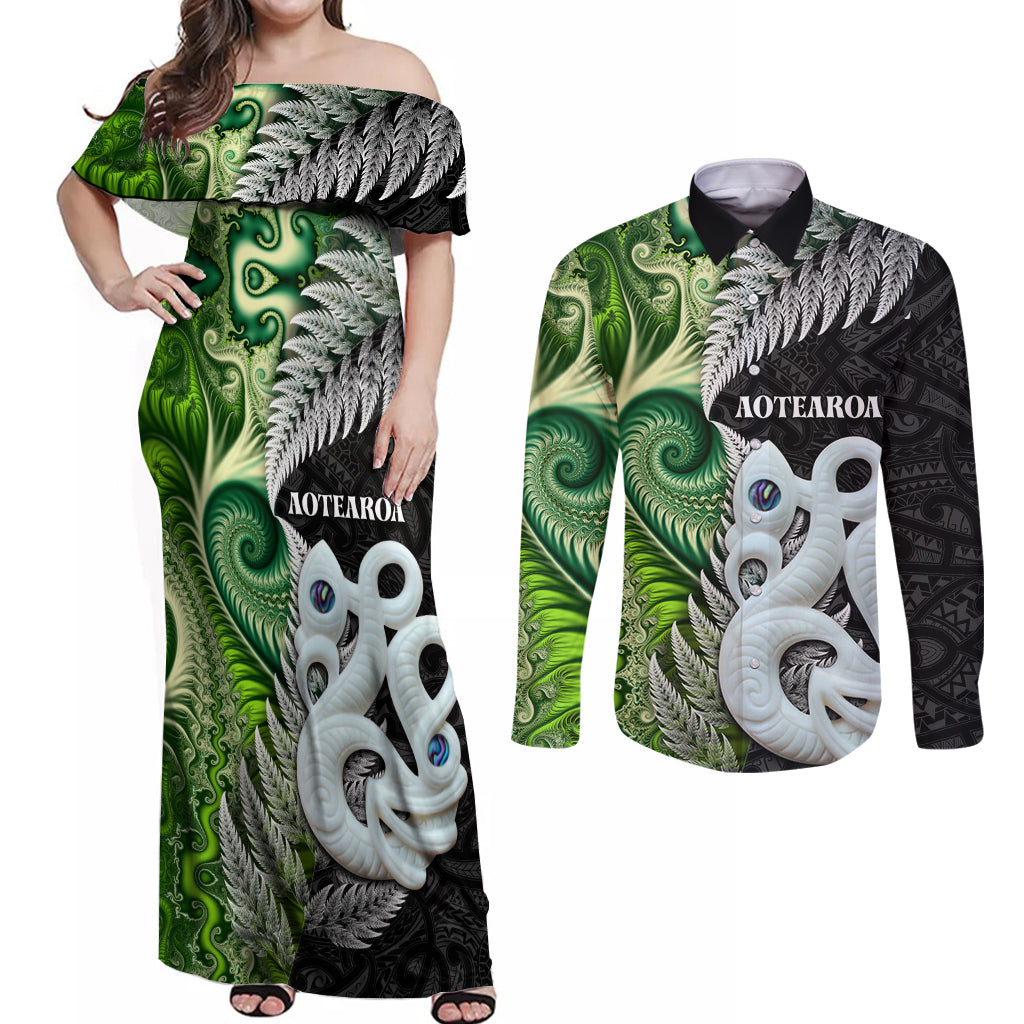 New Zealand Koru Natural Couples Matching Off Shoulder Maxi Dress and Long Sleeve Button Shirt Manaia and Silver Fern Maori Pattern