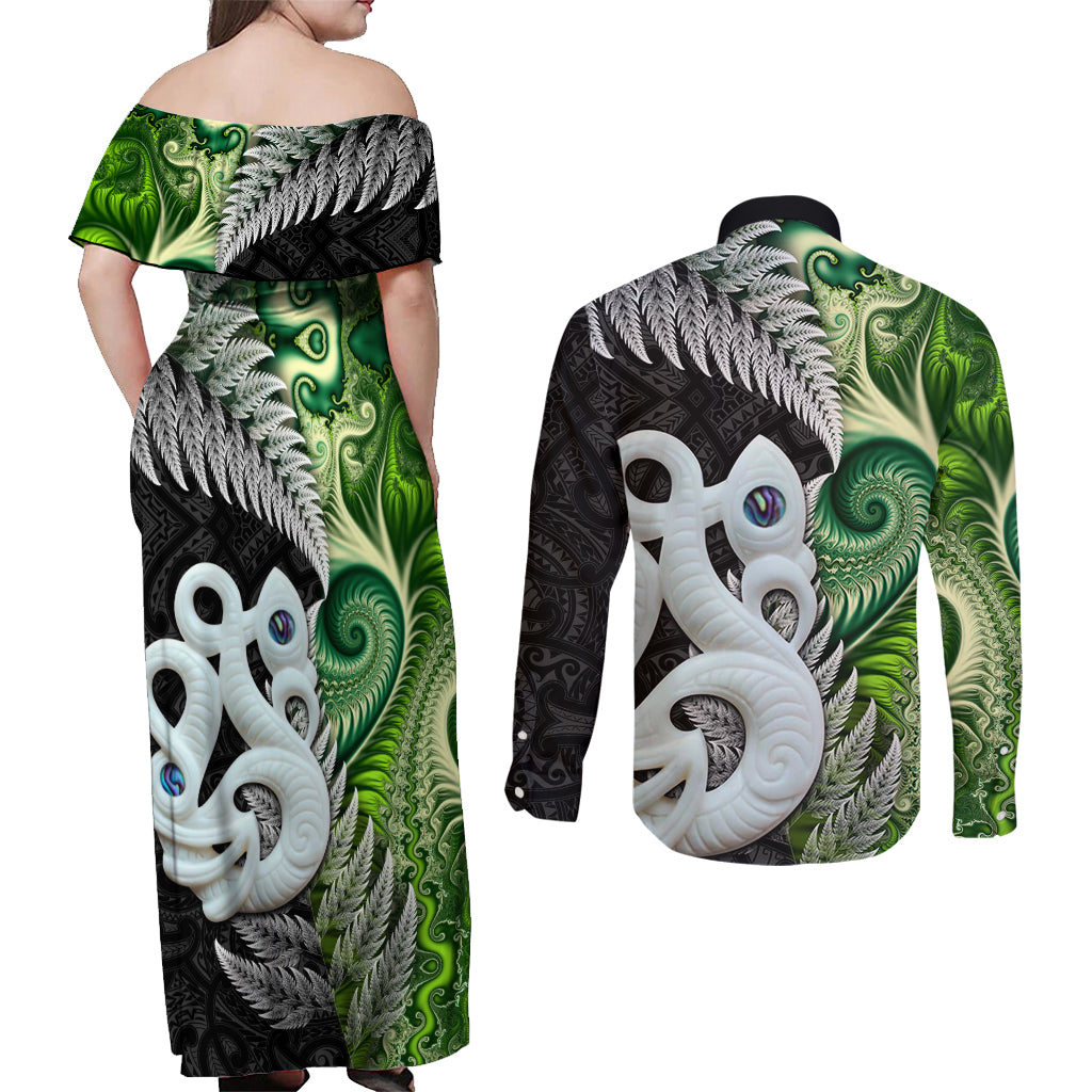 New Zealand Koru Natural Couples Matching Off Shoulder Maxi Dress and Long Sleeve Button Shirt Manaia and Silver Fern Maori Pattern