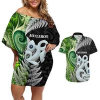 New Zealand Koru Natural Couples Matching Off Shoulder Short Dress and Hawaiian Shirt Manaia and Silver Fern Maori Pattern