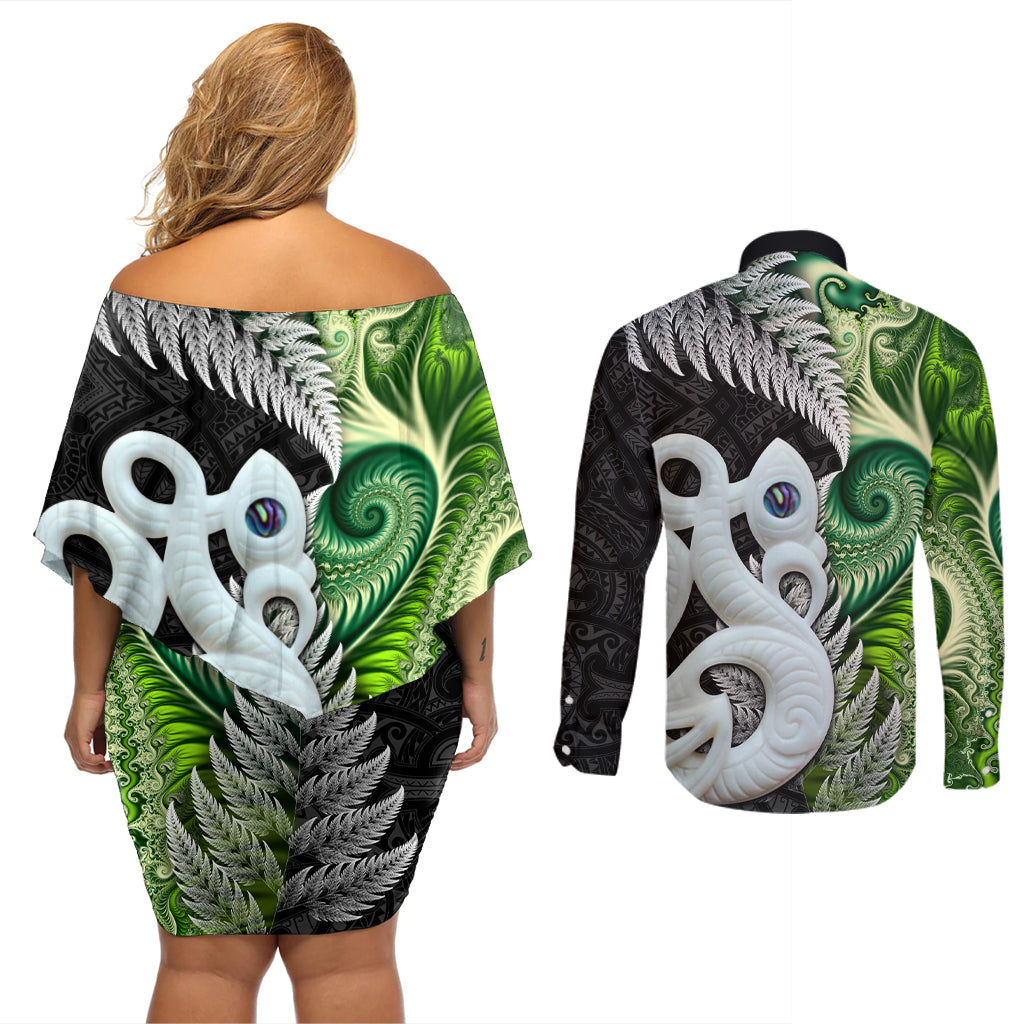 New Zealand Koru Natural Couples Matching Off Shoulder Short Dress and Long Sleeve Button Shirt Manaia and Silver Fern Maori Pattern