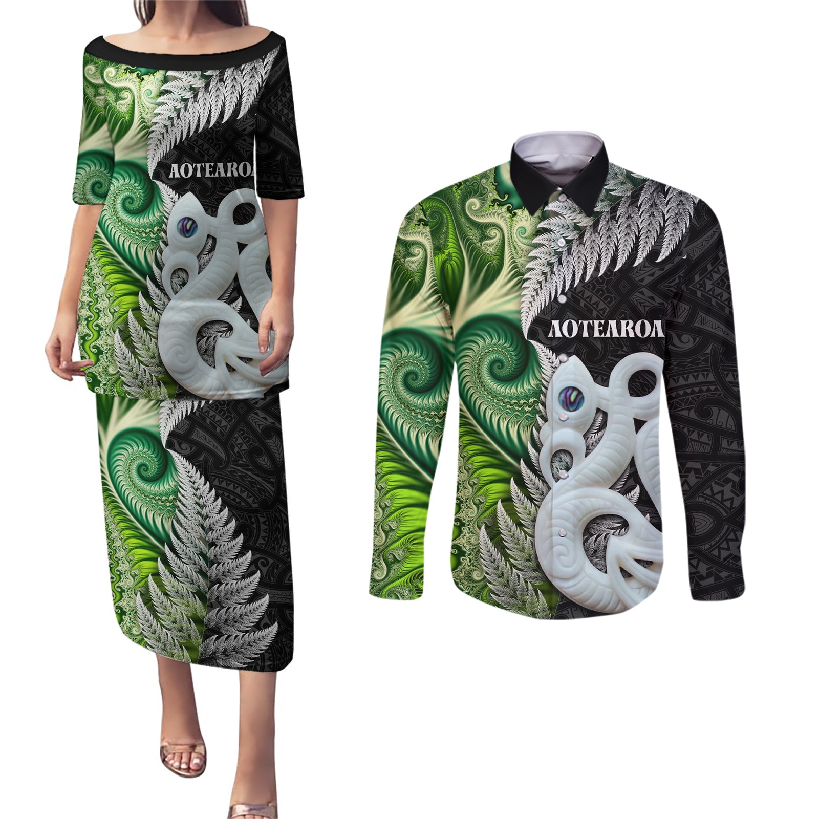 New Zealand Koru Natural Couples Matching Puletasi and Long Sleeve Button Shirt Manaia and Silver Fern Maori Pattern