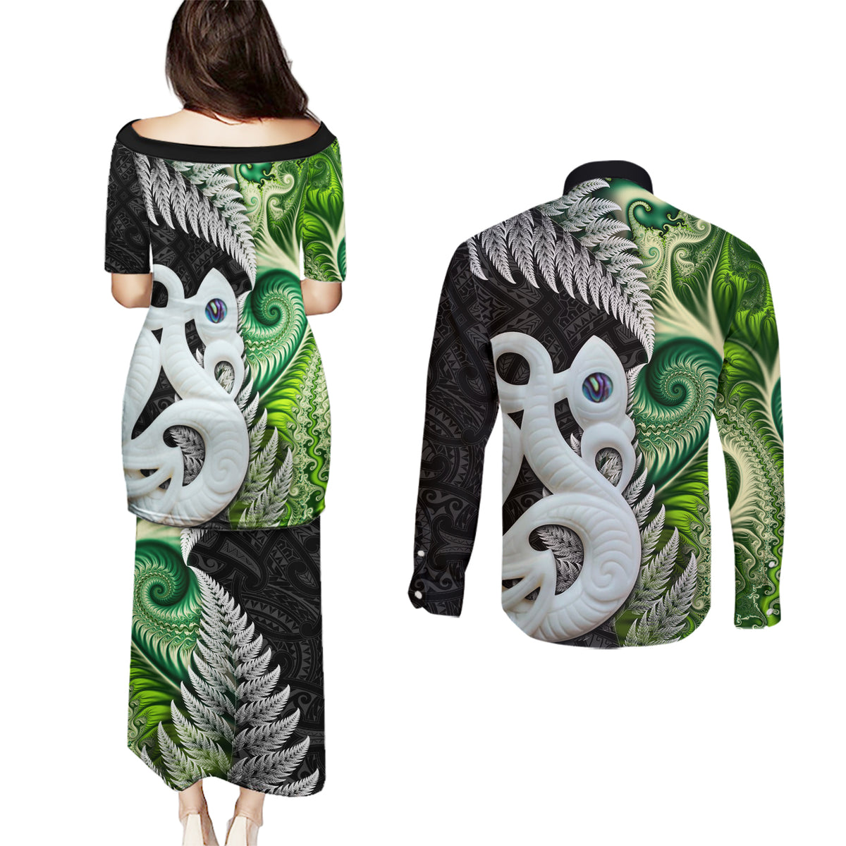 New Zealand Koru Natural Couples Matching Puletasi and Long Sleeve Button Shirt Manaia and Silver Fern Maori Pattern