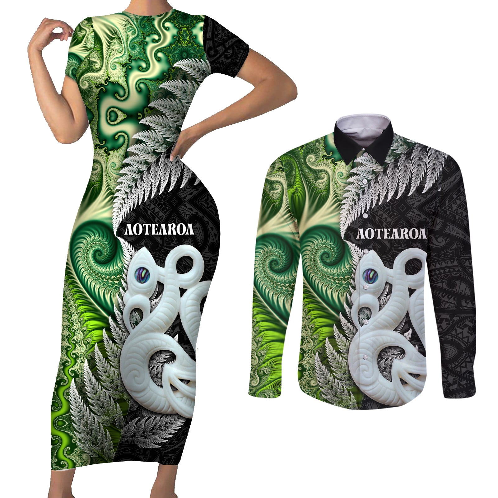 New Zealand Koru Natural Couples Matching Short Sleeve Bodycon Dress and Long Sleeve Button Shirt Manaia and Silver Fern Maori Pattern