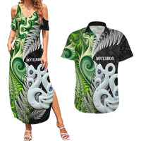 New Zealand Koru Natural Couples Matching Summer Maxi Dress and Hawaiian Shirt Manaia and Silver Fern Maori Pattern