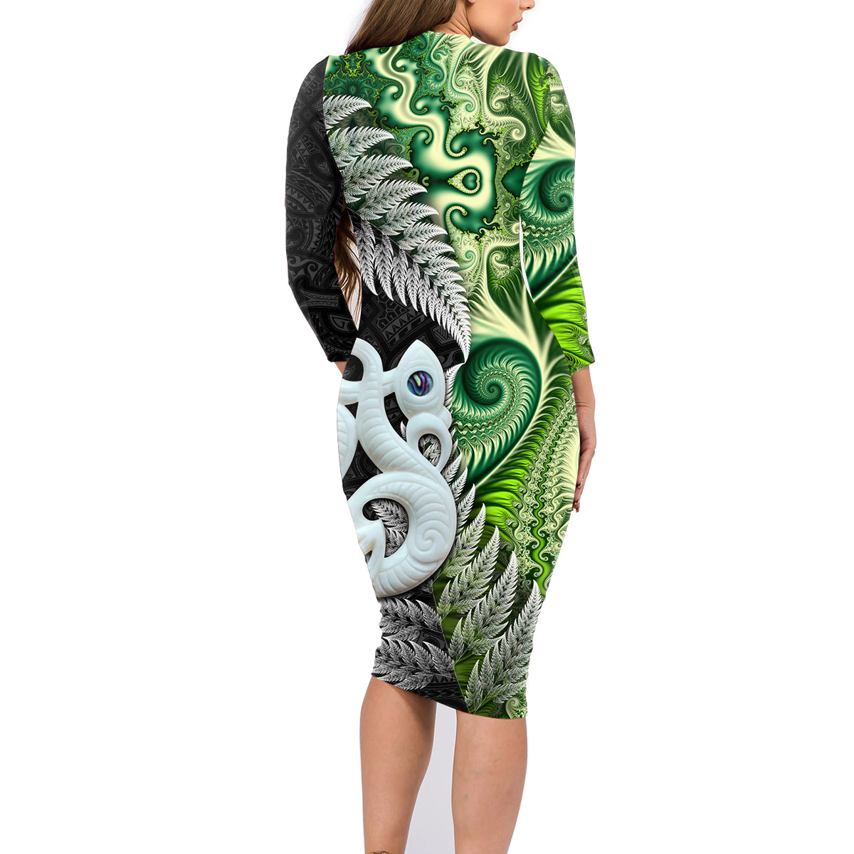 New Zealand Koru Natural Family Matching Long Sleeve Bodycon Dress and Hawaiian Shirt Manaia and Silver Fern Maori Pattern