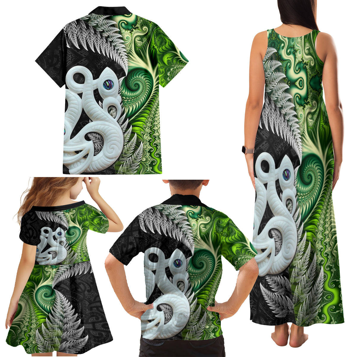 New Zealand Koru Natural Family Matching Tank Maxi Dress and Hawaiian Shirt Manaia and Silver Fern Maori Pattern
