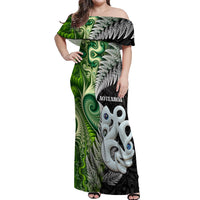 New Zealand Koru Natural Off Shoulder Maxi Dress Manaia and Silver Fern Maori Pattern LT03 Women Black - Polynesian Pride