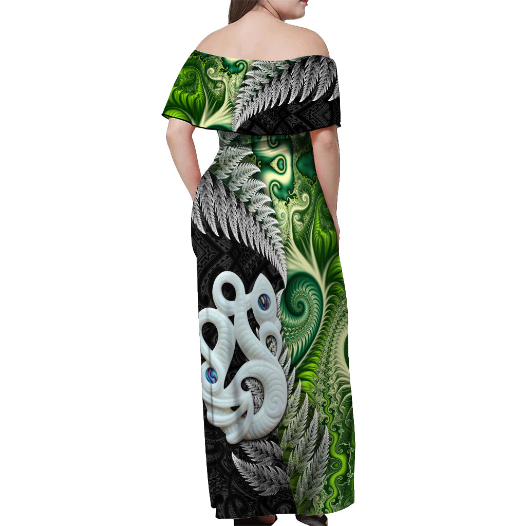 New Zealand Koru Natural Off Shoulder Maxi Dress Manaia and Silver Fern Maori Pattern LT03 - Polynesian Pride