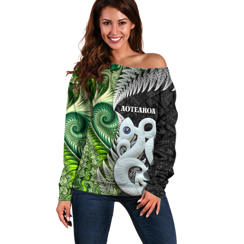 New Zealand Koru Natural Off Shoulder Sweater Manaia and Silver Fern Maori Pattern