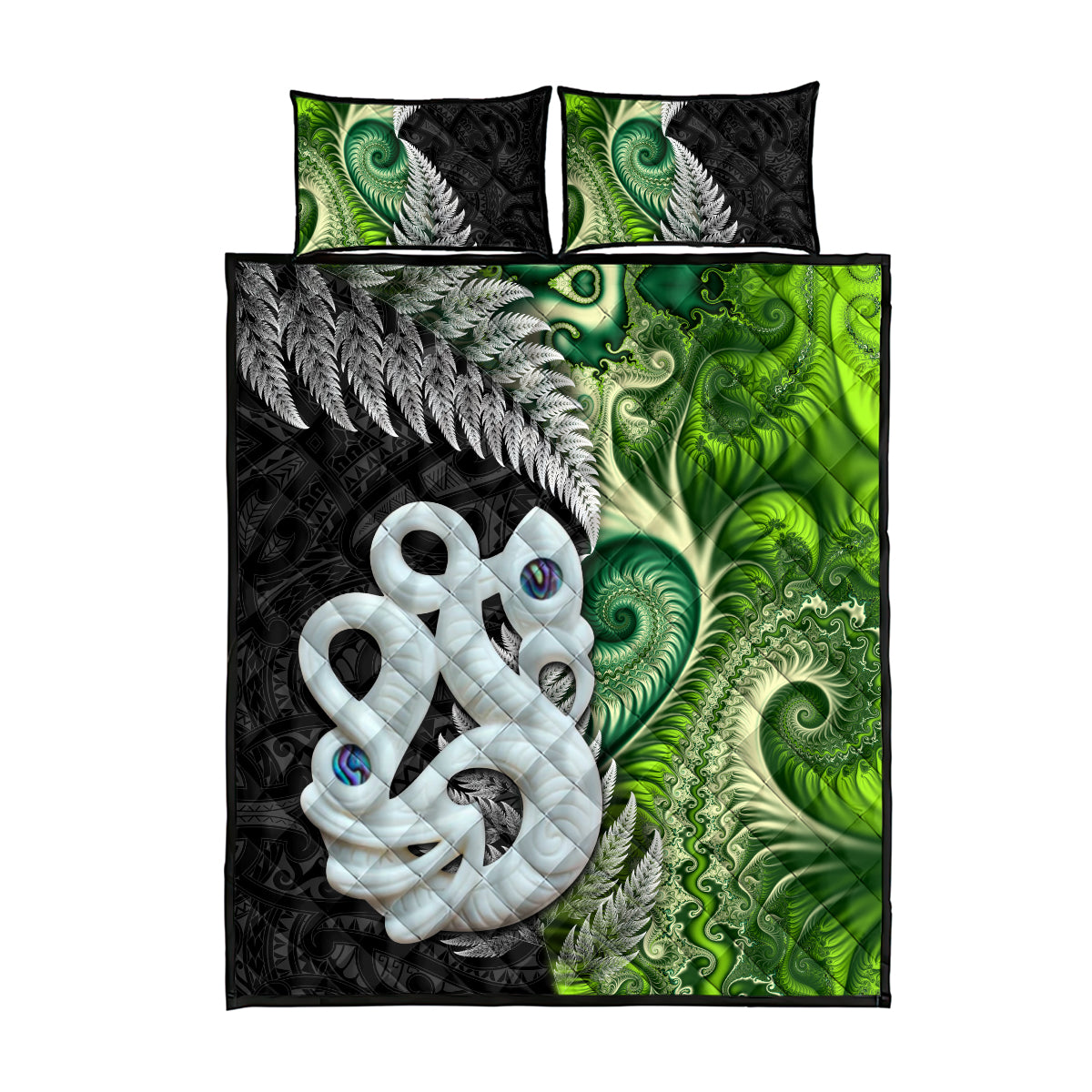 New Zealand Koru Natural Quilt Bed Set Manaia and Silver Fern Maori Pattern