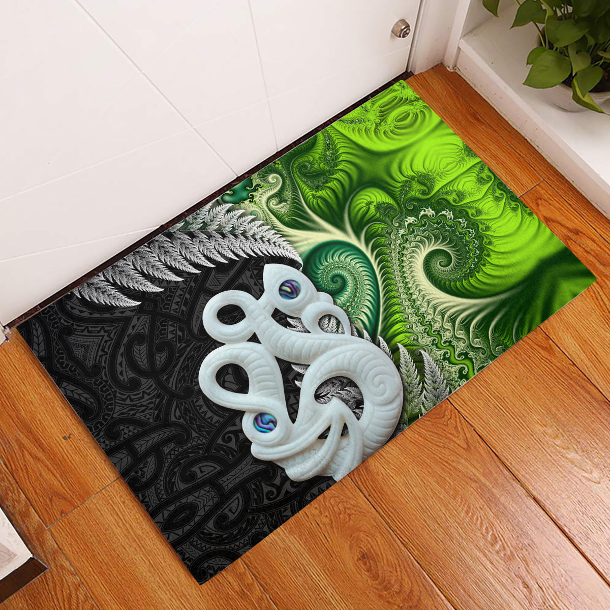 New Zealand Koru Natural Rubber Doormat Manaia and Silver Fern Maori Pattern