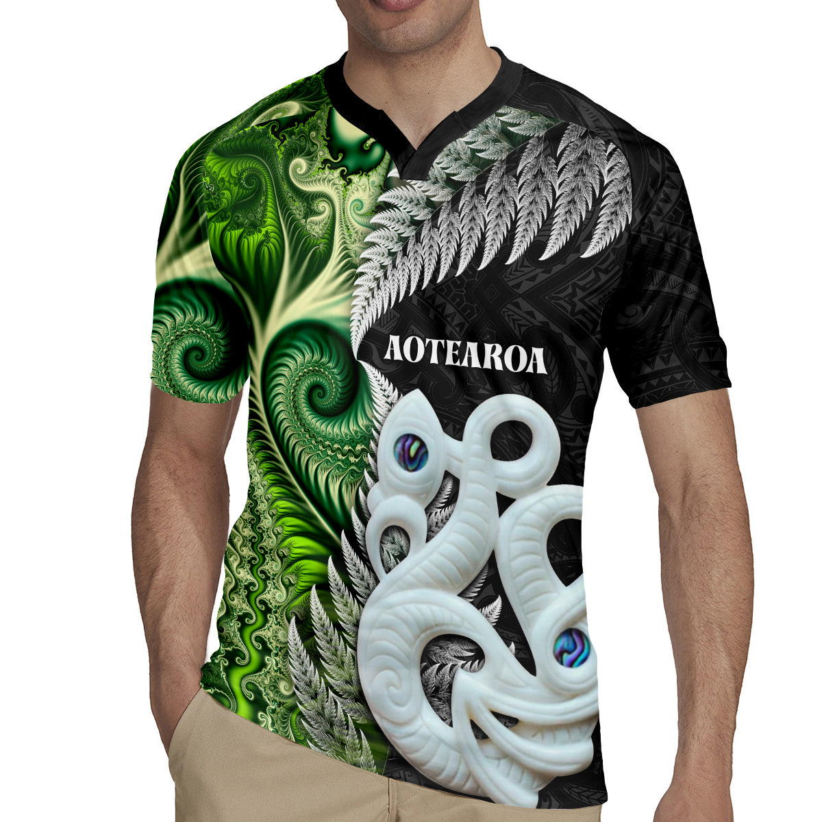 New Zealand Koru Natural Rugby Jersey Manaia and Silver Fern Maori Pattern