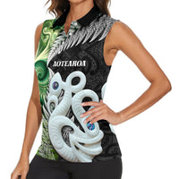 New Zealand Koru Natural Women Sleeveless Polo Shirt Manaia and Silver Fern Maori Pattern