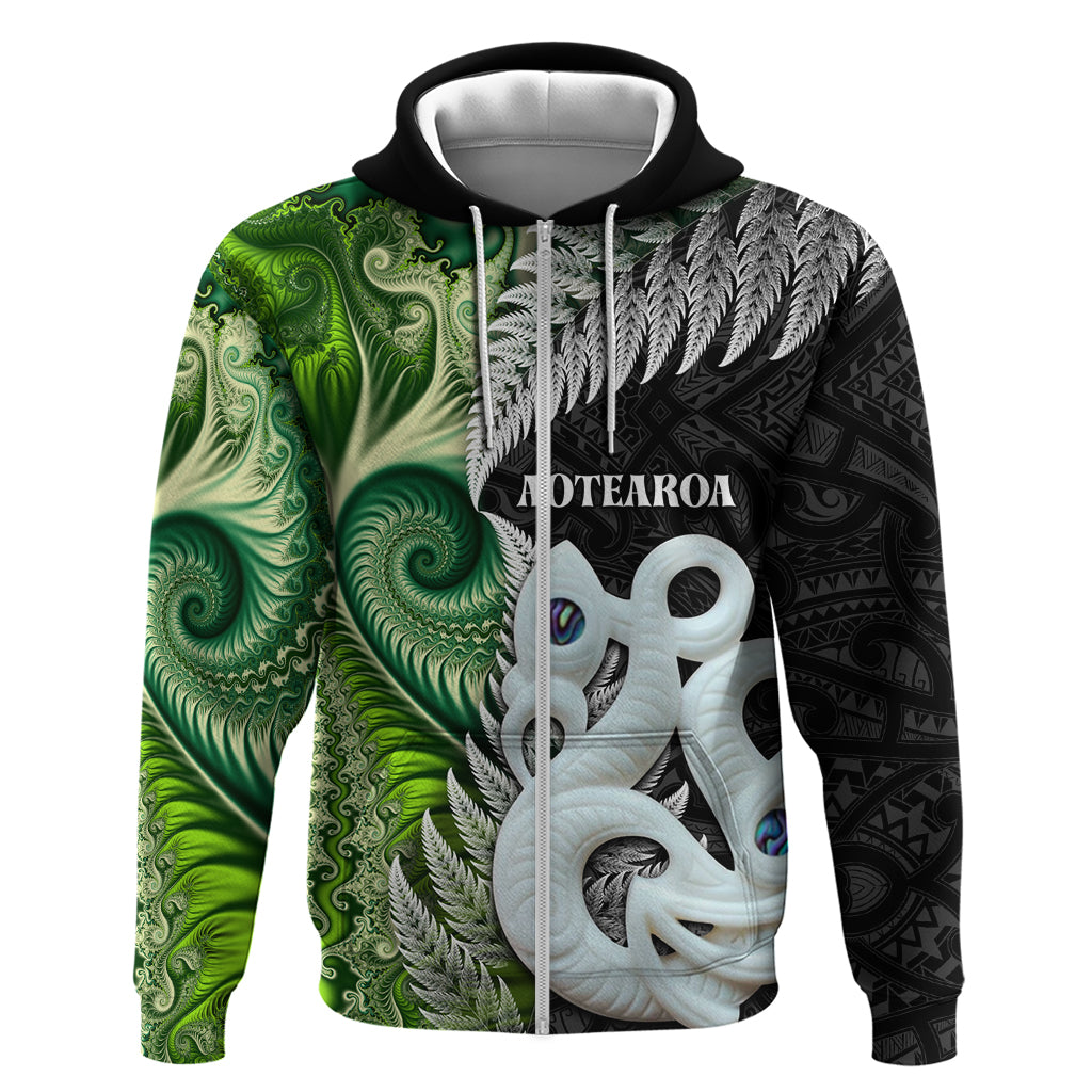 New Zealand Koru Natural Zip Hoodie Manaia and Silver Fern Maori Pattern LT03 Zip Hoodie Black - Polynesian Pride