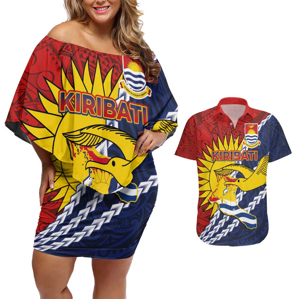 Kiribati Independence Day Couples Matching Off Shoulder Short Dress and Hawaiian Shirt Polynesian and Melanesian Art Tattoo