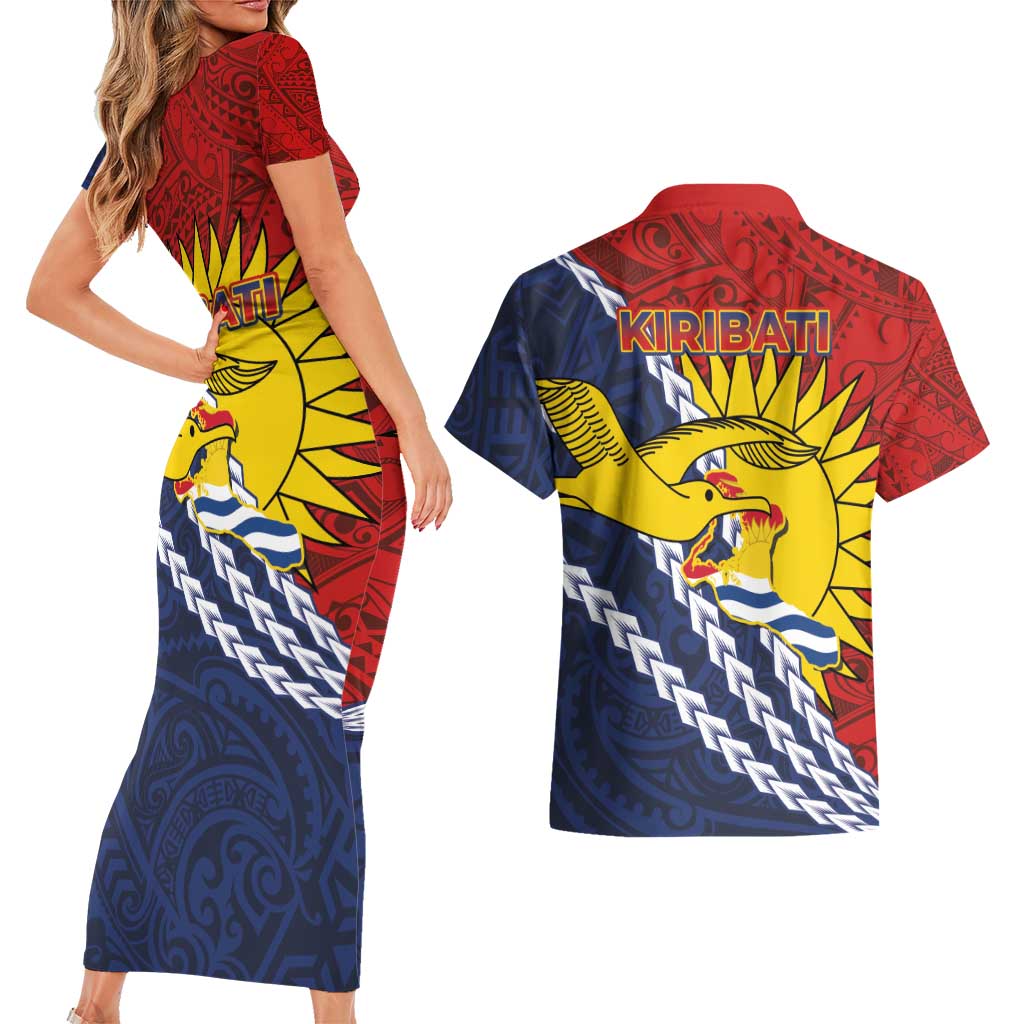 Kiribati Independence Day Couples Matching Short Sleeve Bodycon Dress and Hawaiian Shirt Polynesian and Melanesian Art Tattoo
