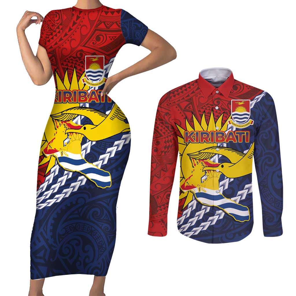 Kiribati Independence Day Couples Matching Short Sleeve Bodycon Dress and Long Sleeve Button Shirt Polynesian and Melanesian Art Tattoo