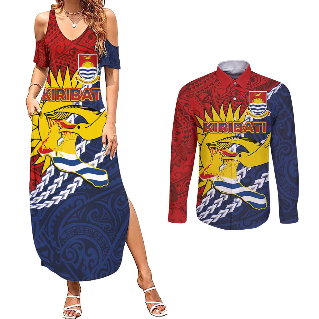 Kiribati Independence Day Couples Matching Summer Maxi Dress and Long Sleeve Button Shirt Polynesian and Melanesian Art Tattoo