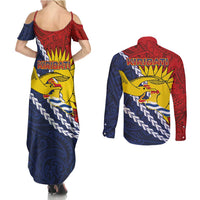 Kiribati Independence Day Couples Matching Summer Maxi Dress and Long Sleeve Button Shirt Polynesian and Melanesian Art Tattoo