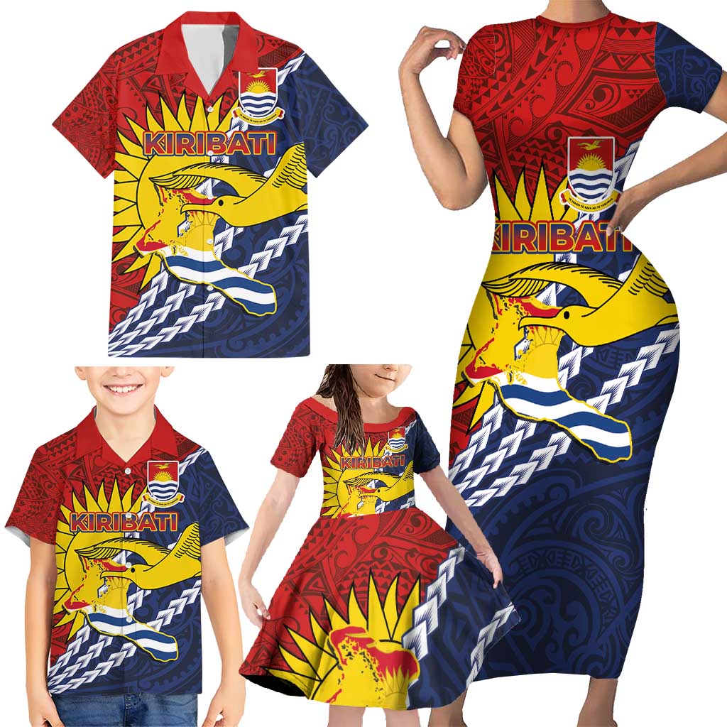 Kiribati Independence Day Family Matching Short Sleeve Bodycon Dress and Hawaiian Shirt Polynesian and Melanesian Art Tattoo