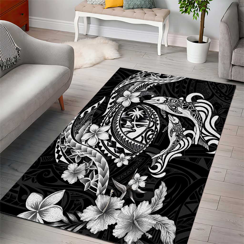 Guam Dolphins Tribal Tattoo Area Rug Polynesian Art and Tropical Flower Grayscale