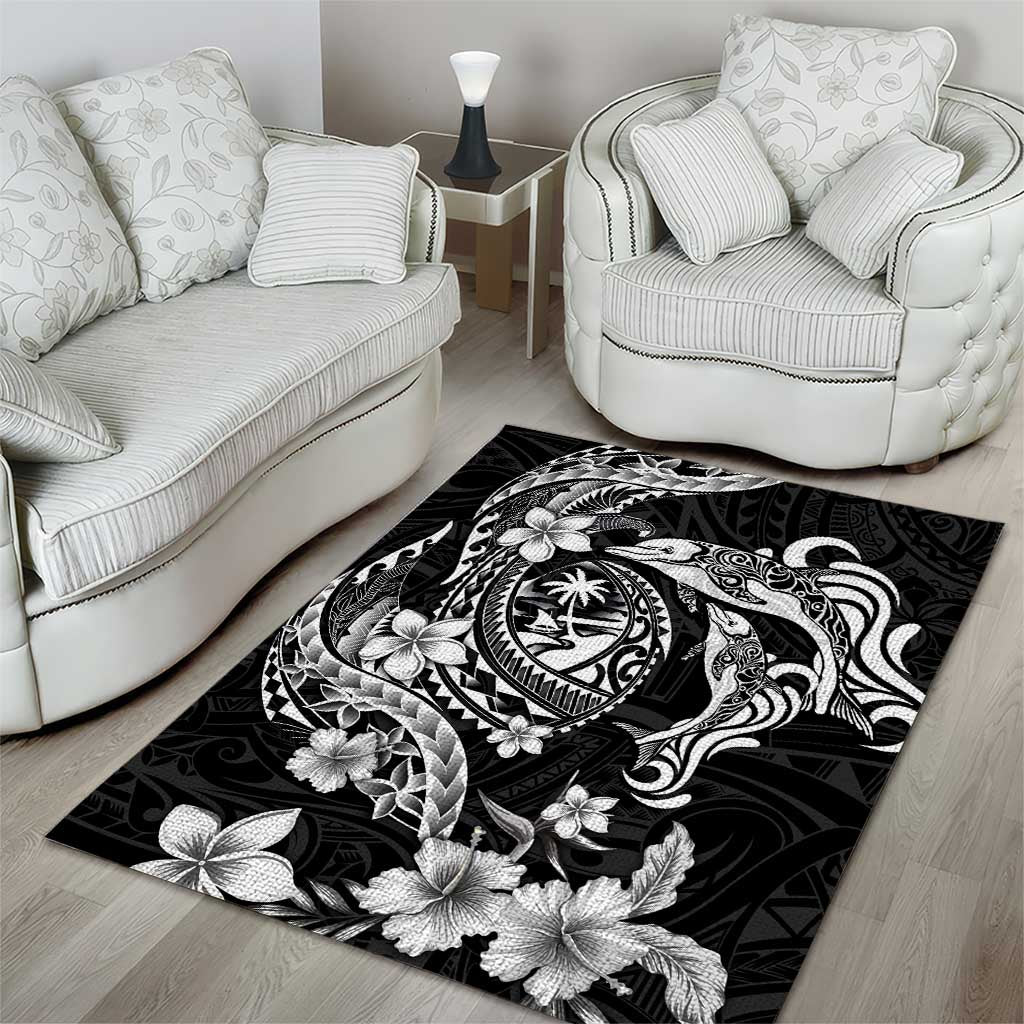 Guam Dolphins Tribal Tattoo Area Rug Polynesian Art and Tropical Flower Grayscale