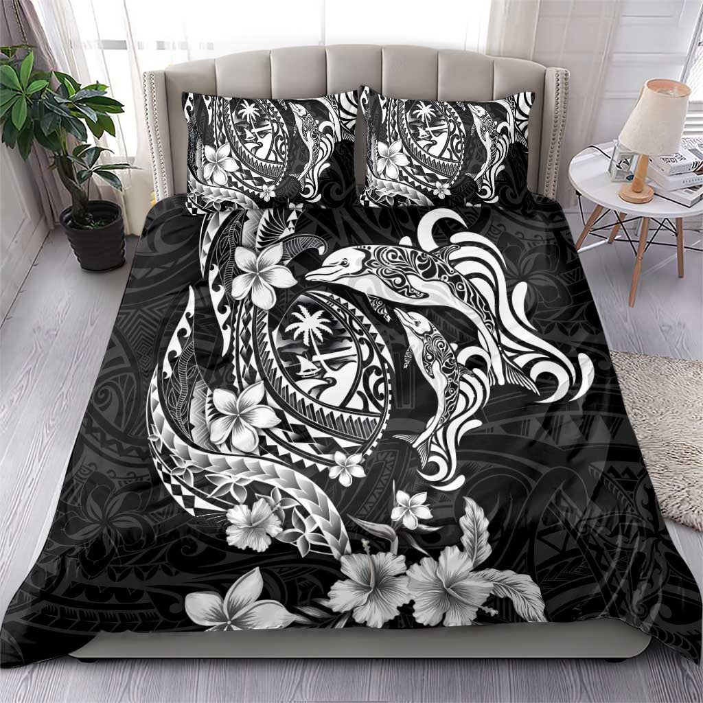 Guam Dolphins Tribal Tattoo Bedding Set Polynesian Art and Tropical Flower Grayscale