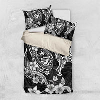 Guam Dolphins Tribal Tattoo Bedding Set Polynesian Art and Tropical Flower Grayscale
