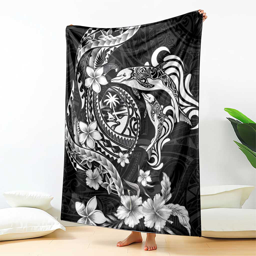 Guam Dolphins Tribal Tattoo Blanket Polynesian Art and Tropical Flower Grayscale