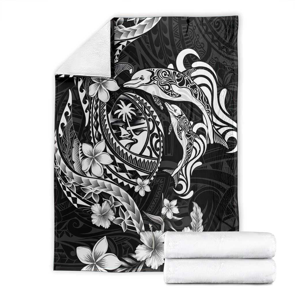 Guam Dolphins Tribal Tattoo Blanket Polynesian Art and Tropical Flower Grayscale