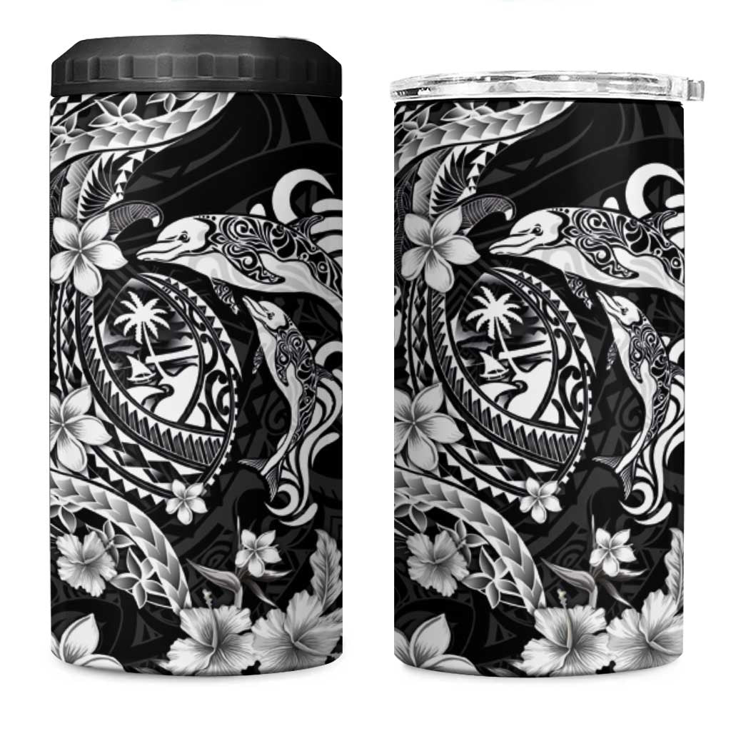 Guam Dolphins Tribal Tattoo 4 in 1 Can Cooler Tumbler Polynesian Art and Tropical Flower Grayscale