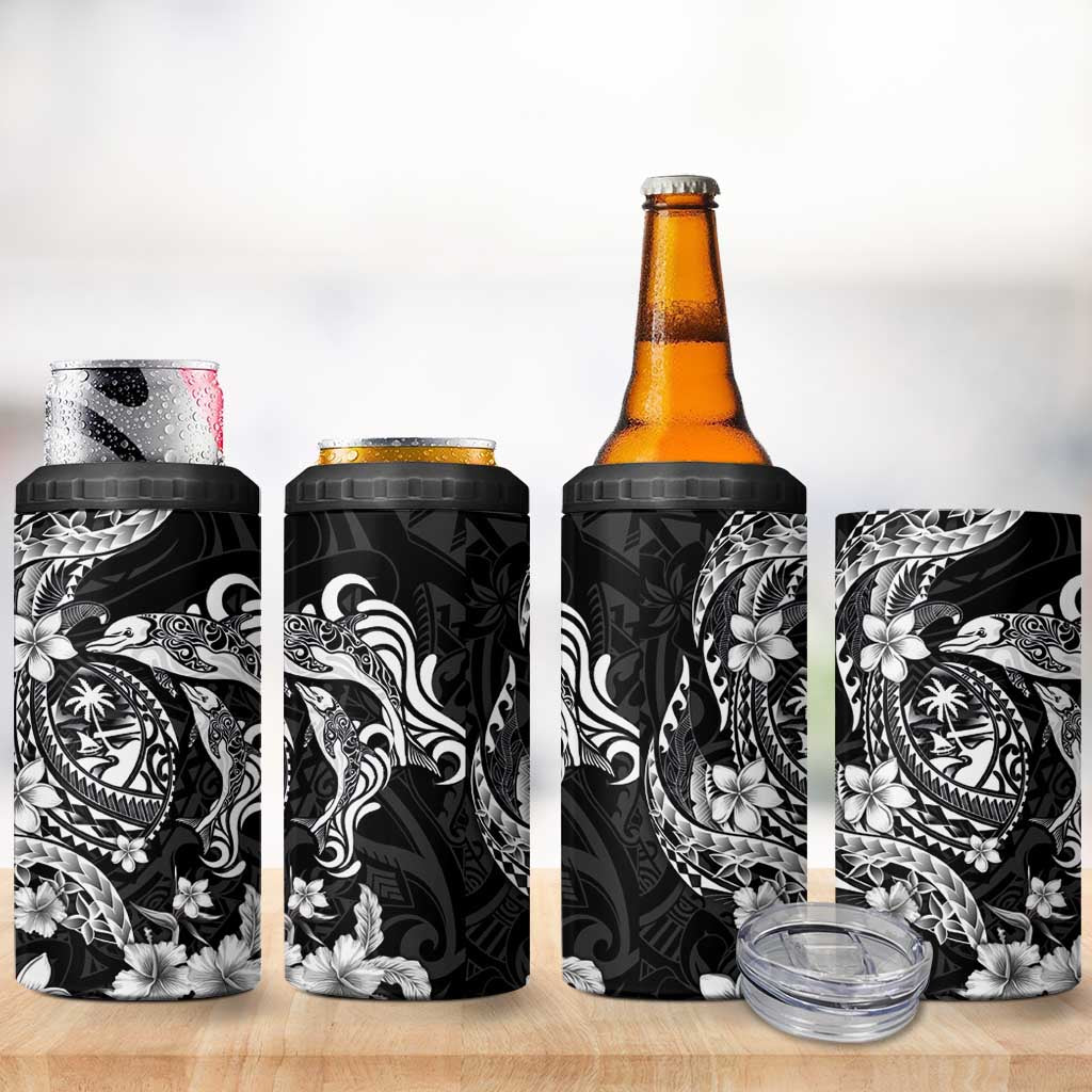 Guam Dolphins Tribal Tattoo 4 in 1 Can Cooler Tumbler Polynesian Art and Tropical Flower Grayscale