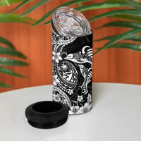Guam Dolphins Tribal Tattoo 4 in 1 Can Cooler Tumbler Polynesian Art and Tropical Flower Grayscale