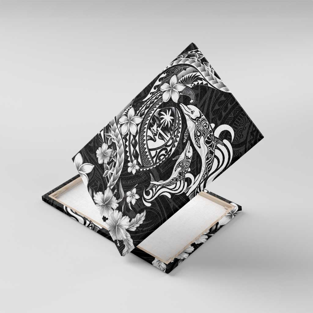 Guam Dolphins Tribal Tattoo Canvas Wall Art Polynesian Art and Tropical Flower Grayscale