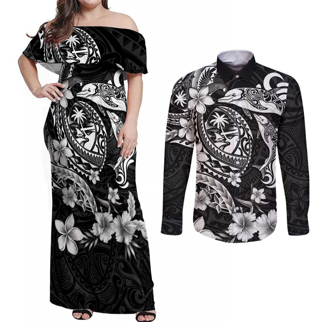 Guam Dolphins Tribal Tattoo Couples Matching Off Shoulder Maxi Dress and Long Sleeve Button Shirt Polynesian Art and Tropical Flower Grayscale