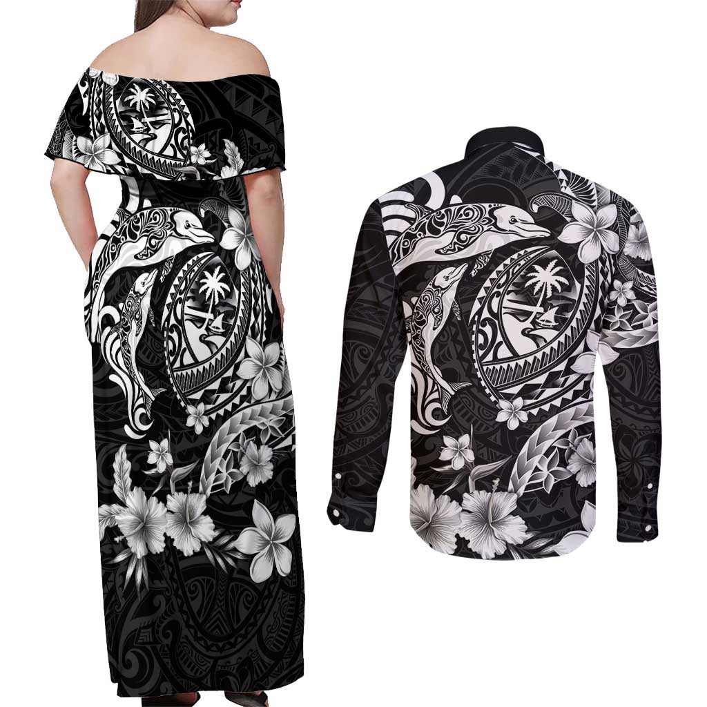 Guam Dolphins Tribal Tattoo Couples Matching Off Shoulder Maxi Dress and Long Sleeve Button Shirt Polynesian Art and Tropical Flower Grayscale