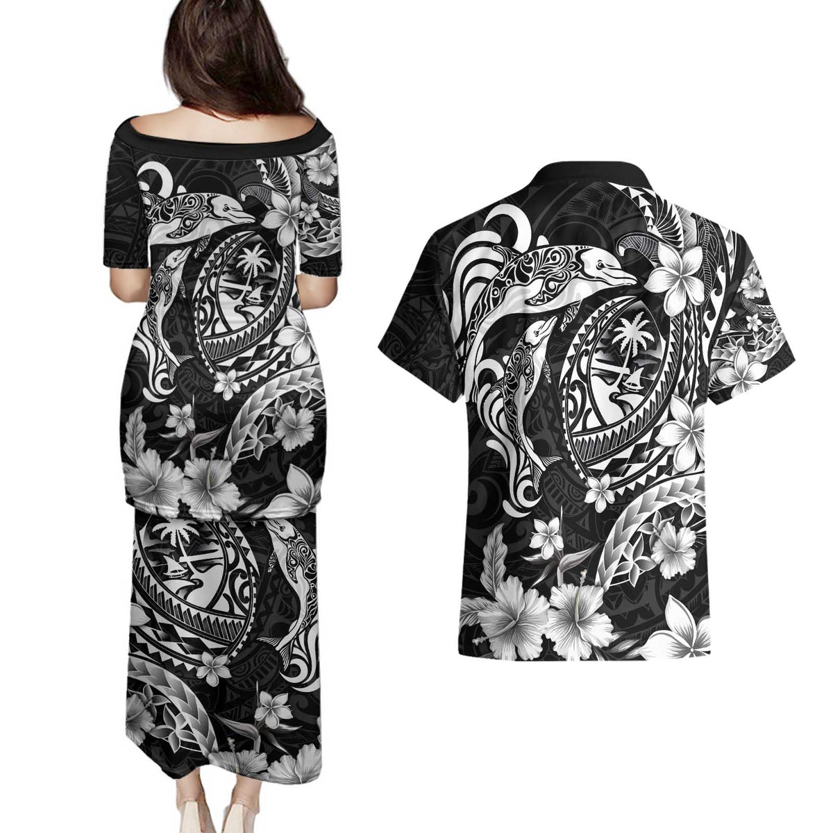 Guam Dolphins Tribal Tattoo Couples Matching Puletasi and Hawaiian Shirt Polynesian Art and Tropical Flower Grayscale