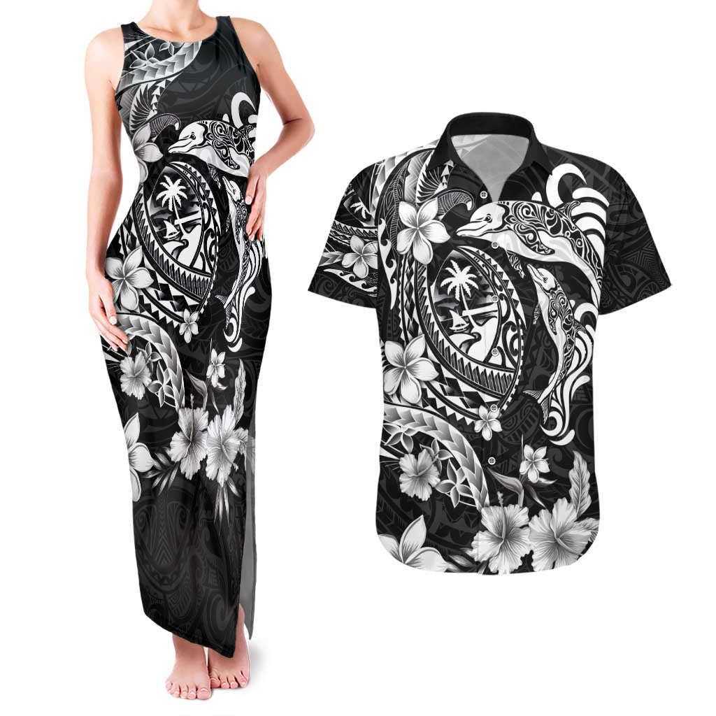 Guam Dolphins Tribal Tattoo Couples Matching Tank Maxi Dress and Hawaiian Shirt Polynesian Art and Tropical Flower Grayscale