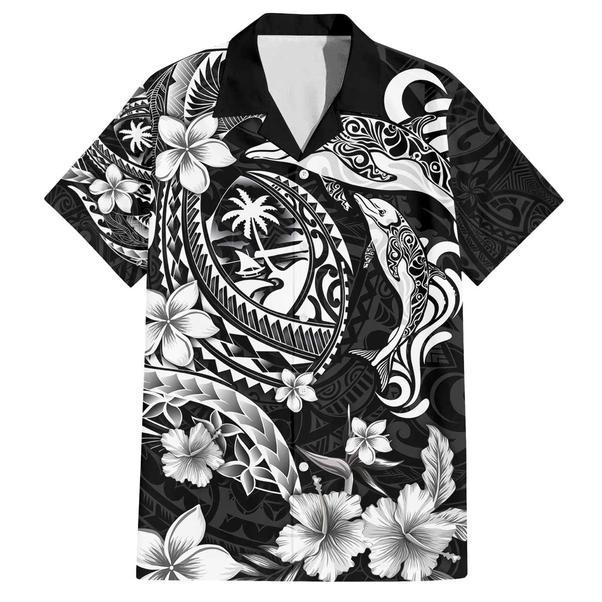 Guam Dolphins Tribal Tattoo Family Matching Off The Shoulder Long Sleeve Dress and Hawaiian Shirt Polynesian Art and Tropical Flower Grayscale